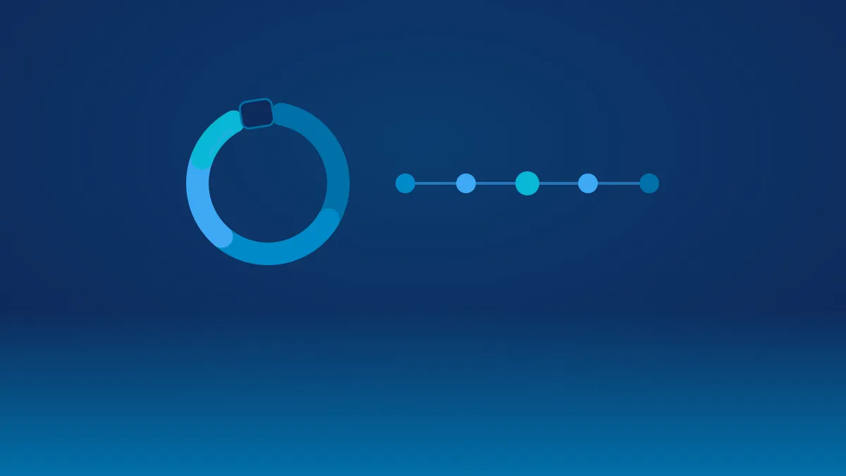 Illustration : un bracelet d’identification patient stylisé, refermé par un fermoir, dont un segment est mis en évidence en cyan, à côté d’un parcours schématisé de cinq points d’étape dont un seul en cyan, sur fond bleu nuit Synovo